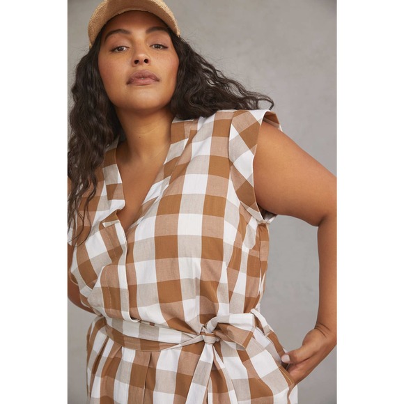 Anthropologie Brown and White Checkered Jumpsuit, Size 1x, NWT - Picture 2 of 5
